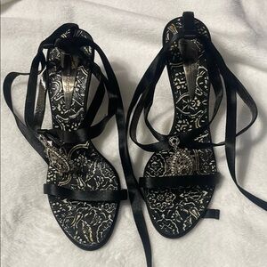 Giuseppe Zanotti Black Silk Strappy Heels with Metallic Embellishments